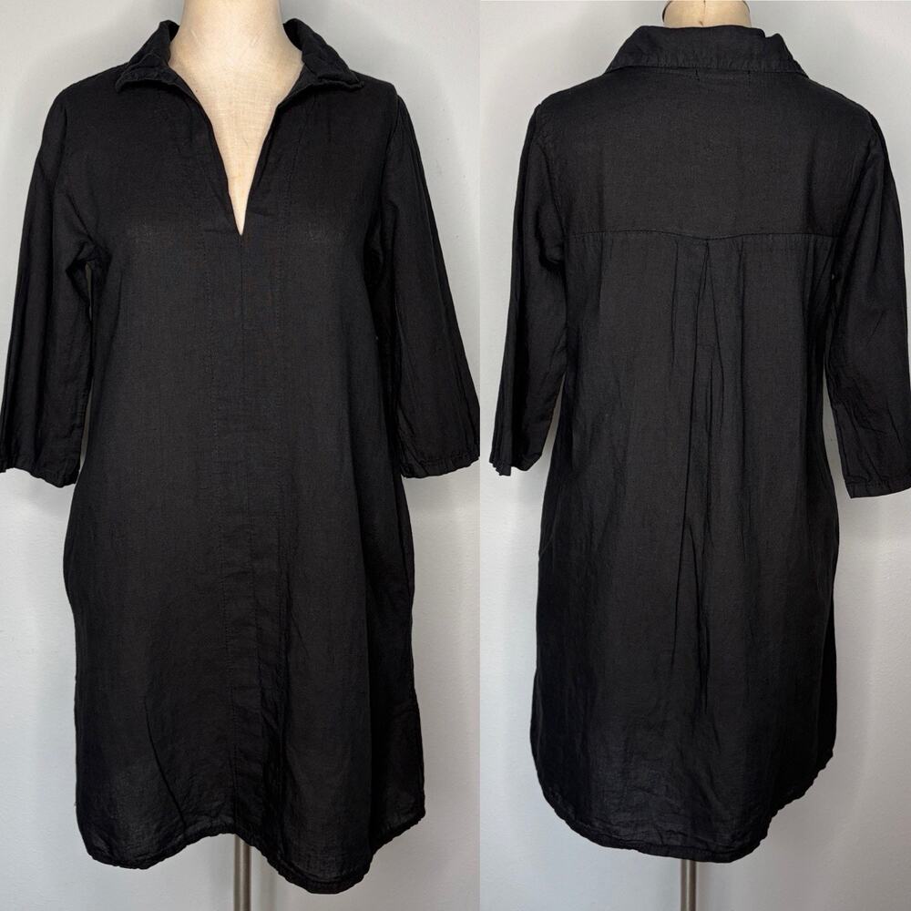 Terzo Millennio Black Sheath Dress Size S With Pockets, 3/4 Sleeve, Cotton/Linen